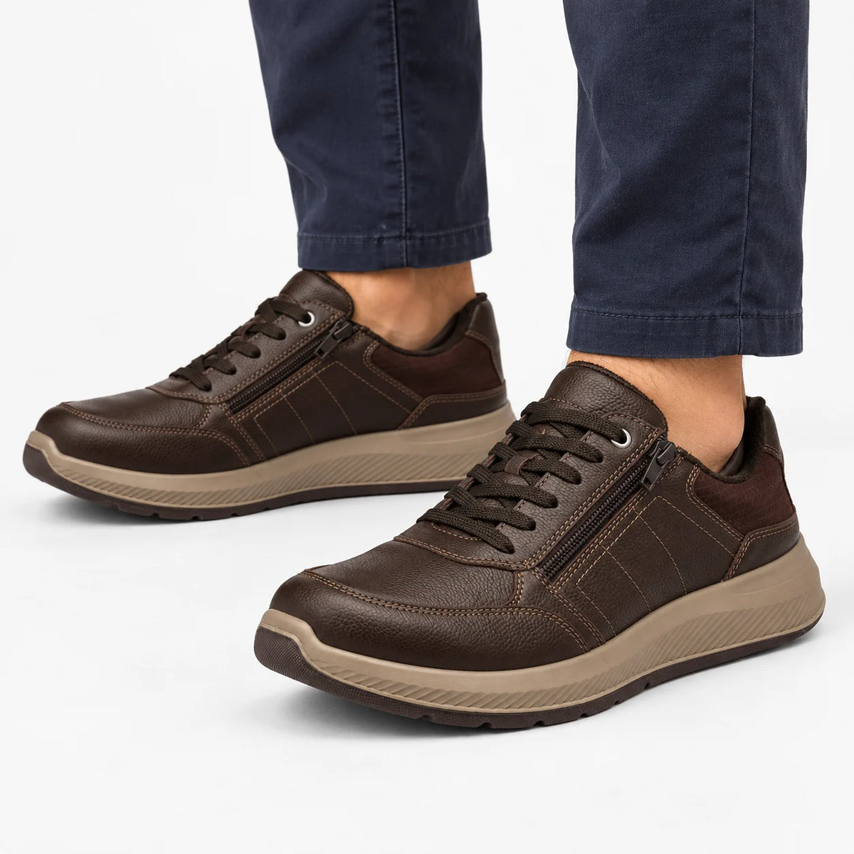 Ara Venturo Men's Extra Wide Leather Zip Trainers - Coffee Brown worn by a model