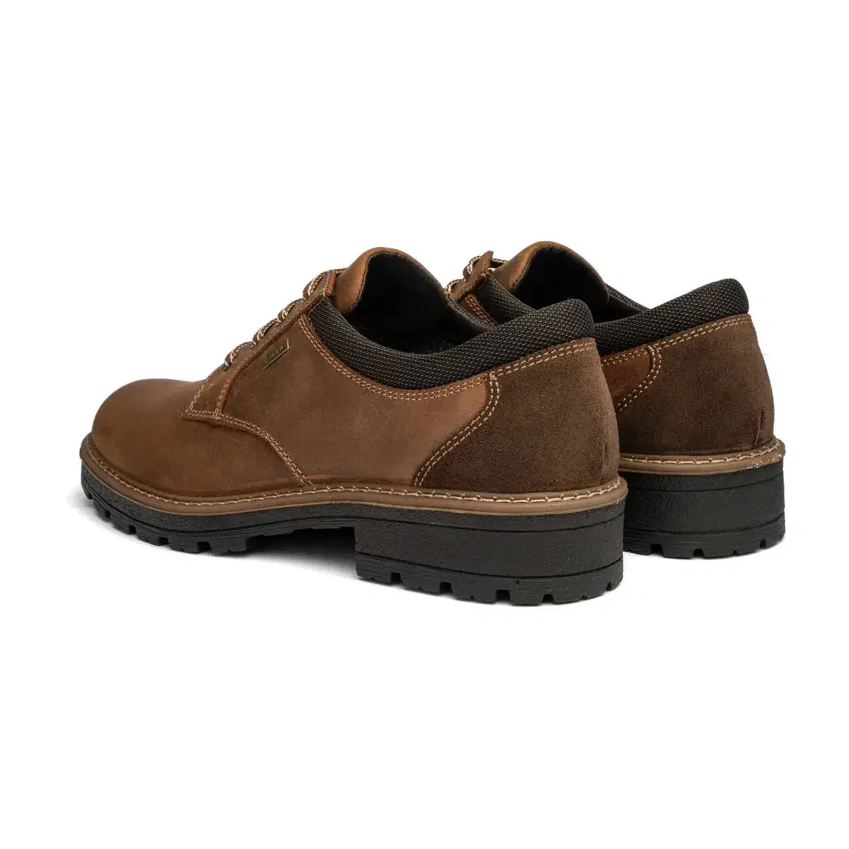 Rear view of a pair of Ara Frederick brown shoes, showing the padded collars and low block heels.