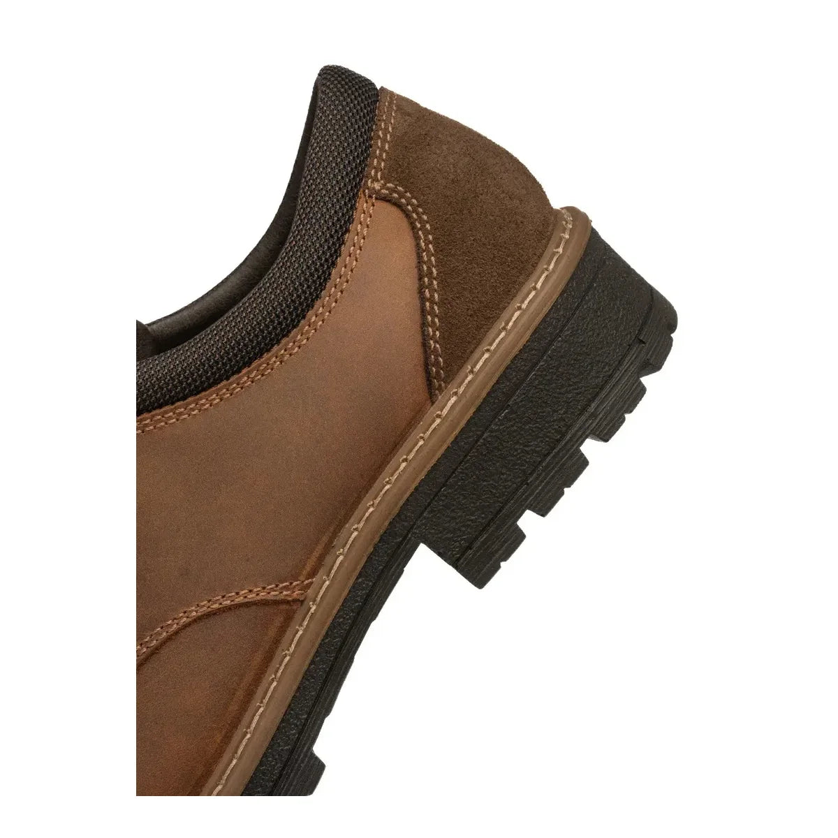 Close-up of the brown heel panel, contrast stitching and dark sole on the Ara Frederick shoe.