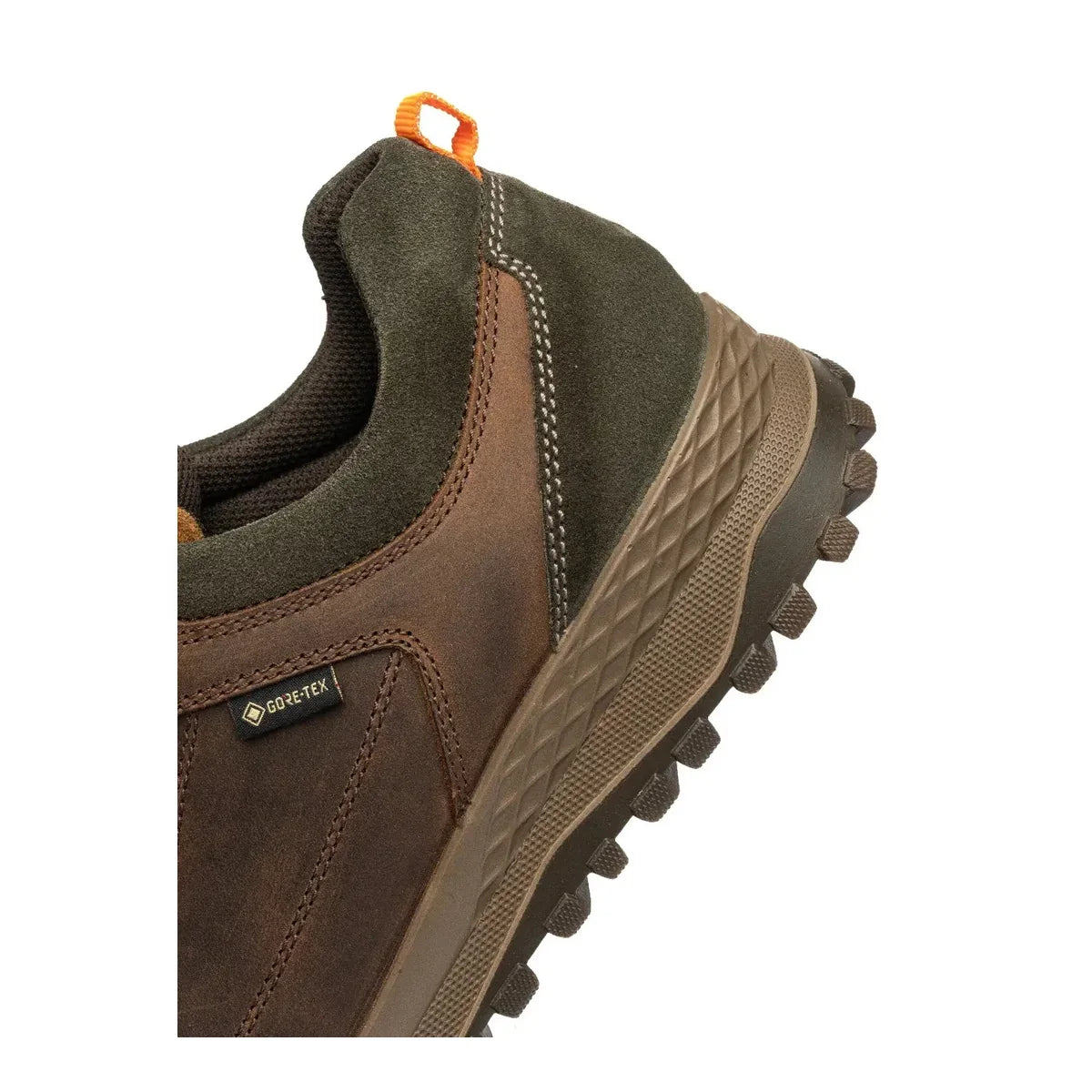 Close-up of the olive heel panel, orange pull tab and sole on the Ara Marino brown GORE-TEX shoe.