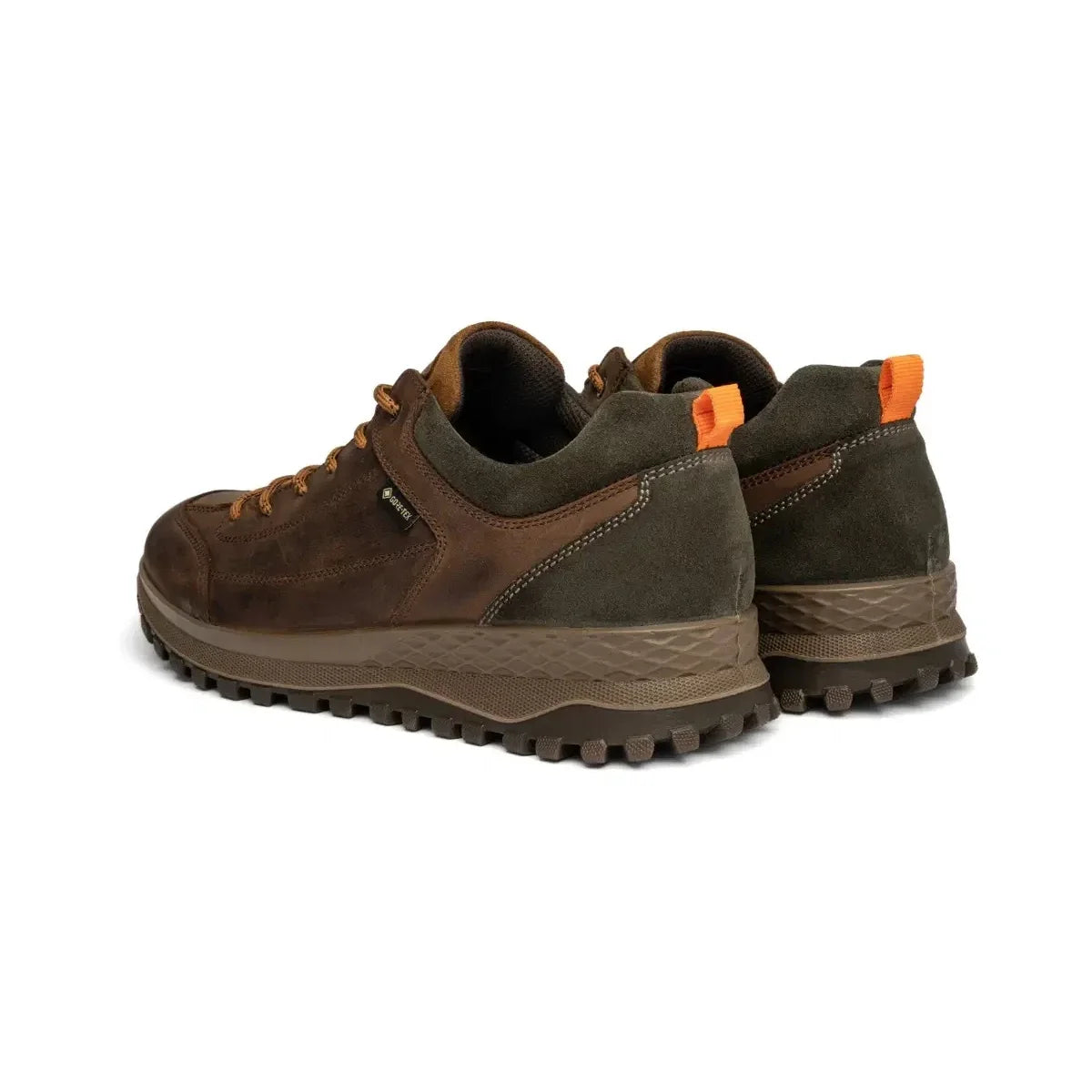 Rear view of Ara Marino brown shoes, showing the olive heel panels and orange pull tabs.