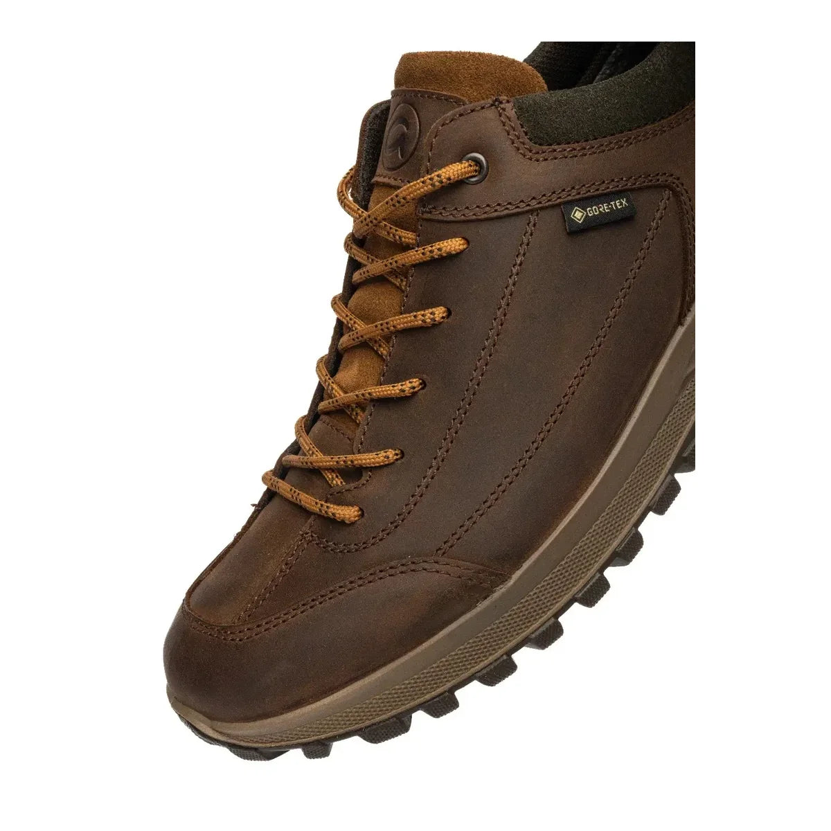 Close-up of the lacing, brown leather panels and GORE-TEX badge on the Ara Marino shoe.