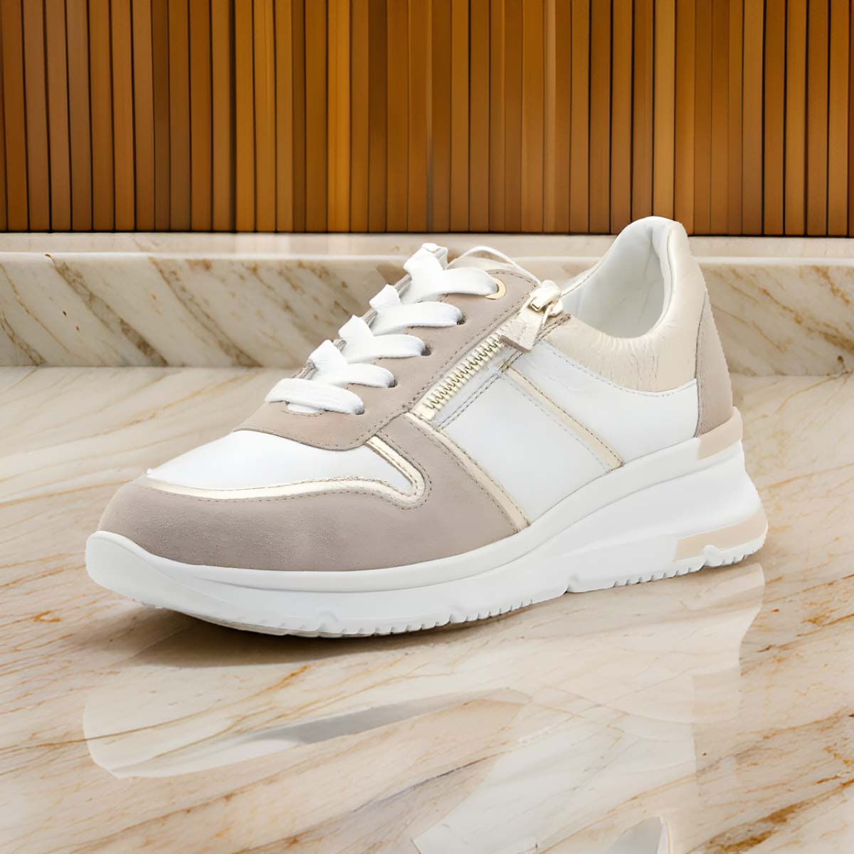 Front view of Ara Neapel Tron White Leather Wedge Trainers with beige suede and gold accents.