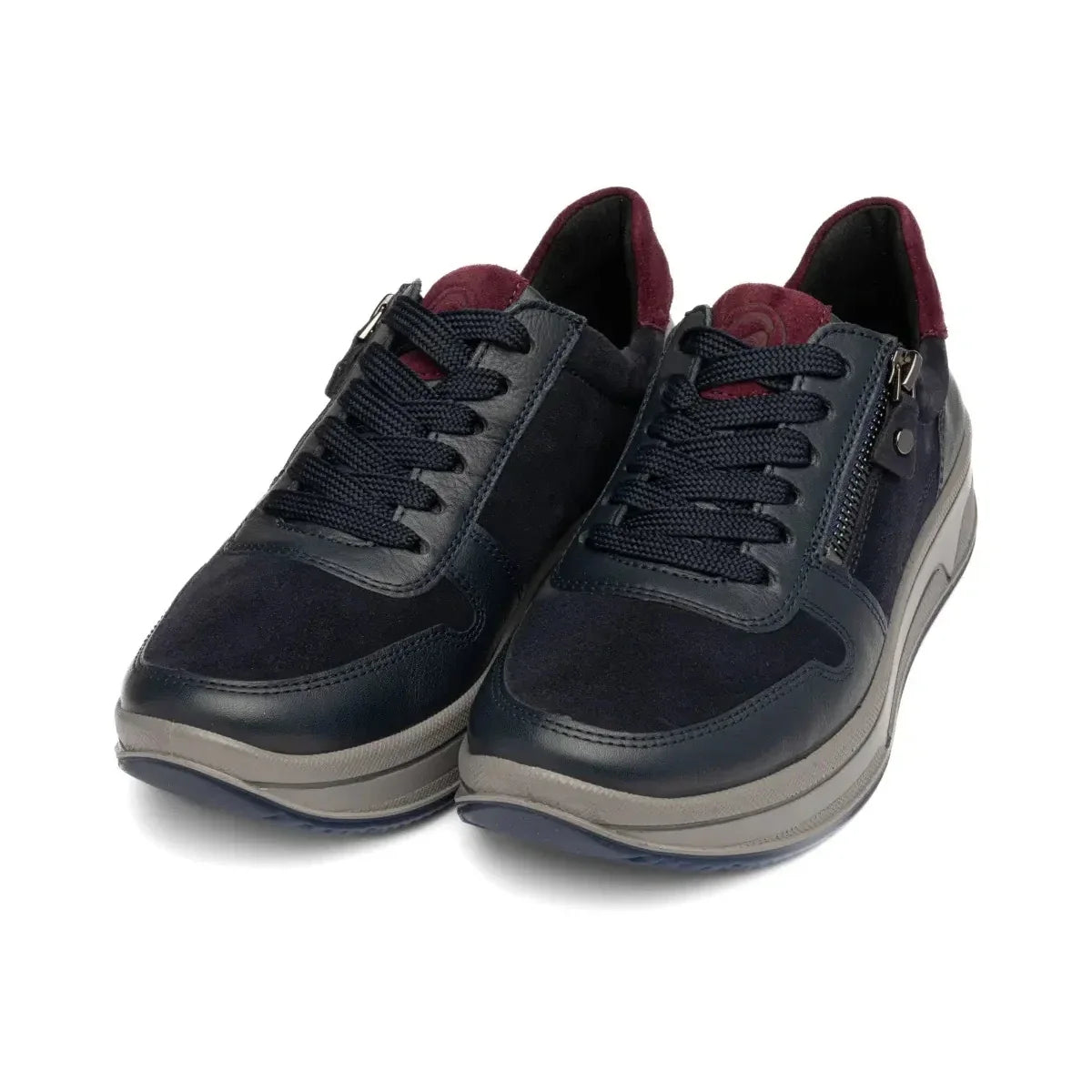 A pair of Ara Sapporo navy and merlot trainers shown from the front.