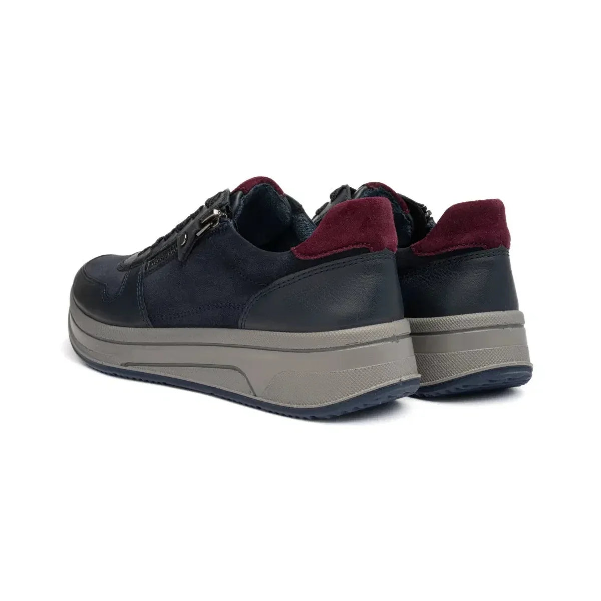 Rear view of Ara Sapporo trainers, showing merlot heel panels and taupe soles.