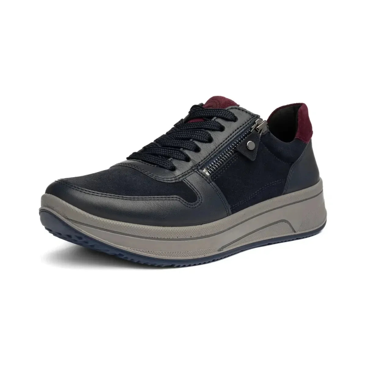 Ara Sapporo navy and merlot trainer shown at a three-quarter angle.