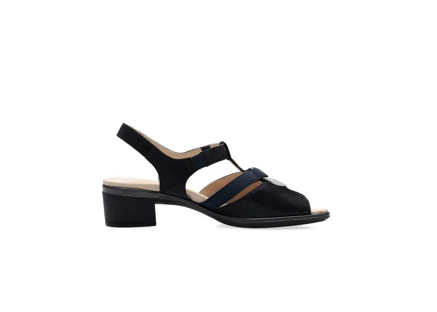 Ara Navy Sandals with Block Heel and Silver Detail - Leavys Shoes