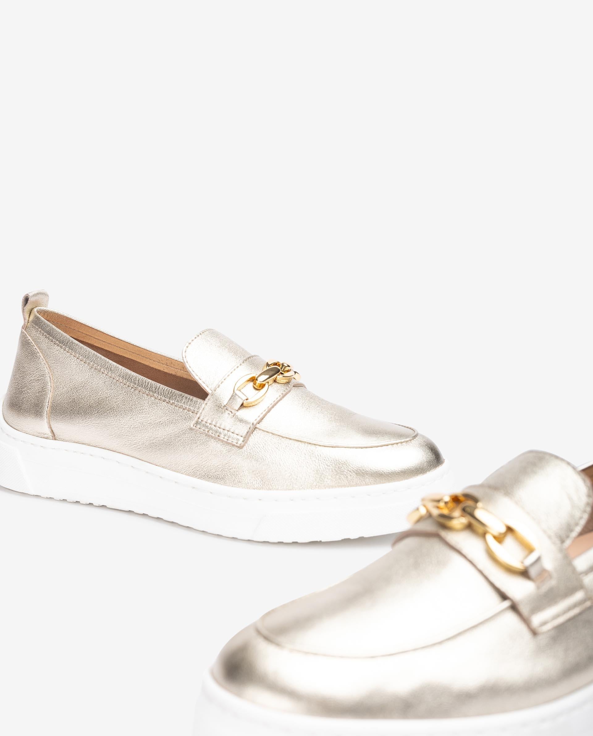 Top view of the rounded toe and metallic gold upper of the Unisa FINDAY Loafer.