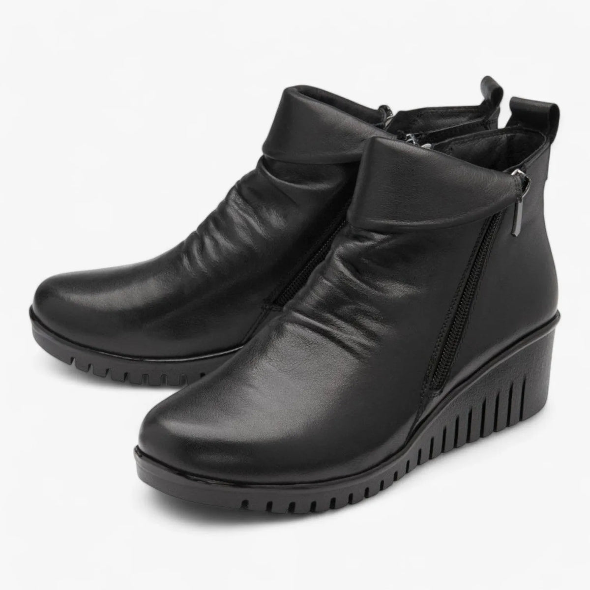 Lotus Cordelia Black Leather Wide Fit Wedge Ankle Boots - Leavys Shoes