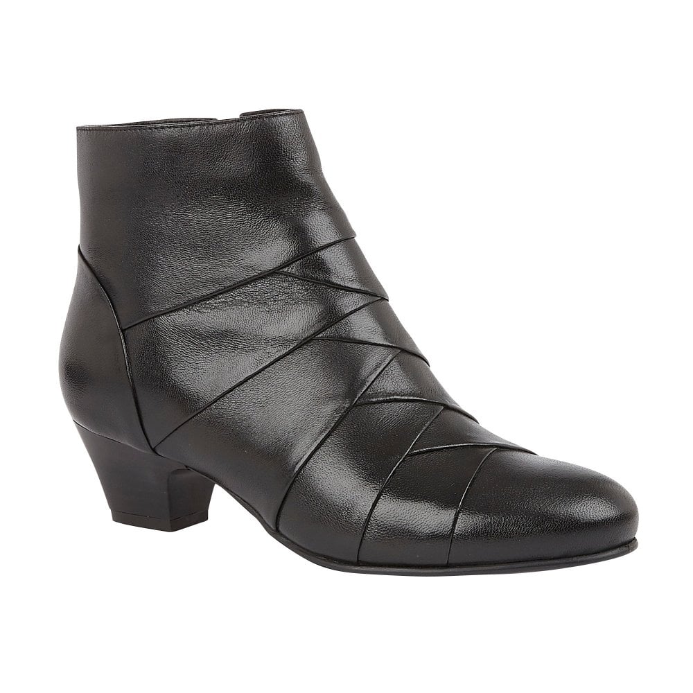 Front view of Lotus Tara Ankle Boot, showcasing the sleek black leather.