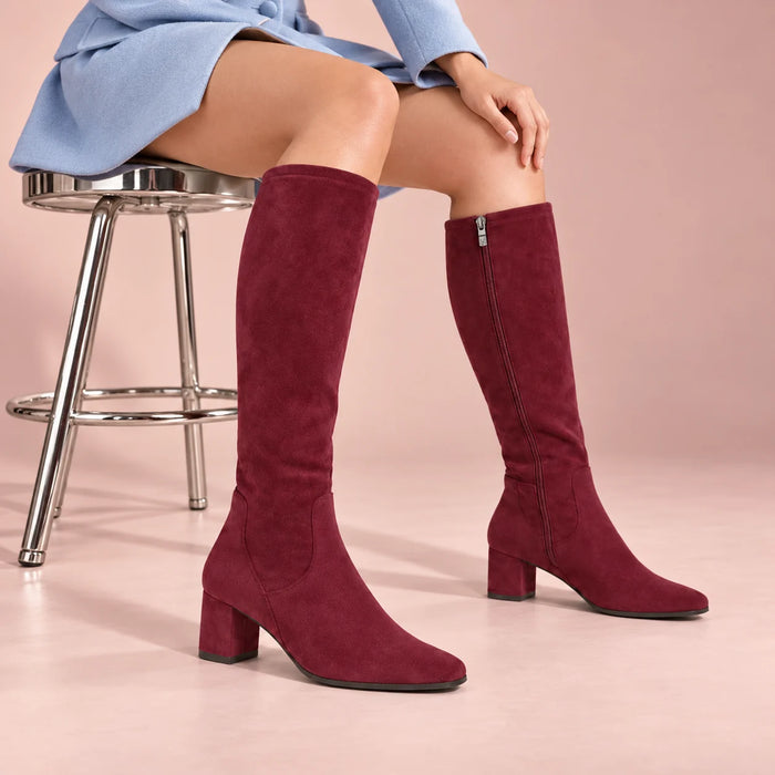 Caprice Bordeaux Stretch Fit Block Heel Long Boots styled on a model