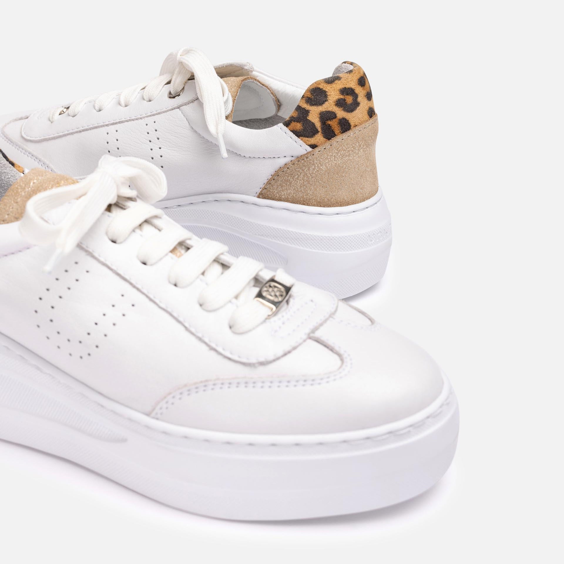 Unisa White Trainer with Leopard Heel & SuperLight Sole