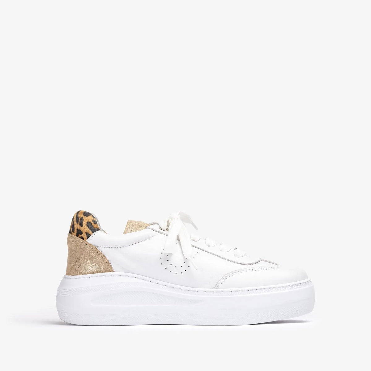 Unisa White Trainer with Leopard Heel &amp; SuperLight Sole - Leavys Shoes