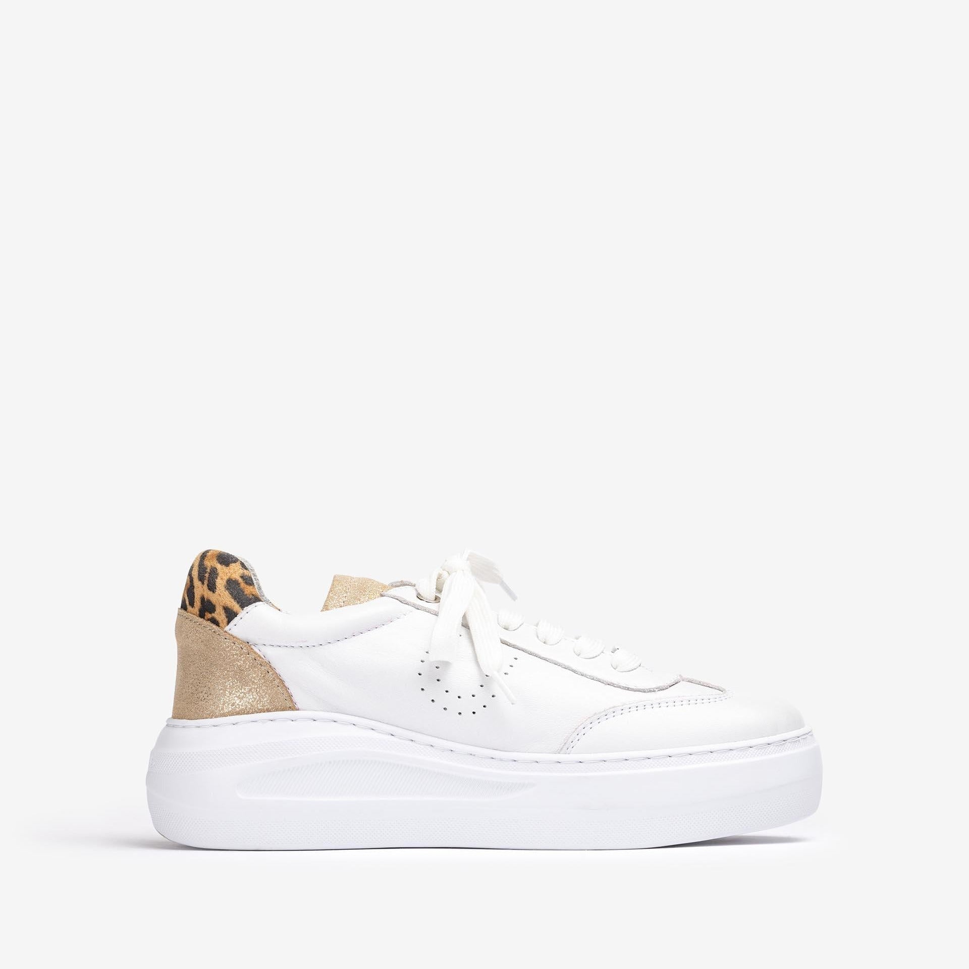 Unisa White Trainer with Leopard Heel & SuperLight Sole