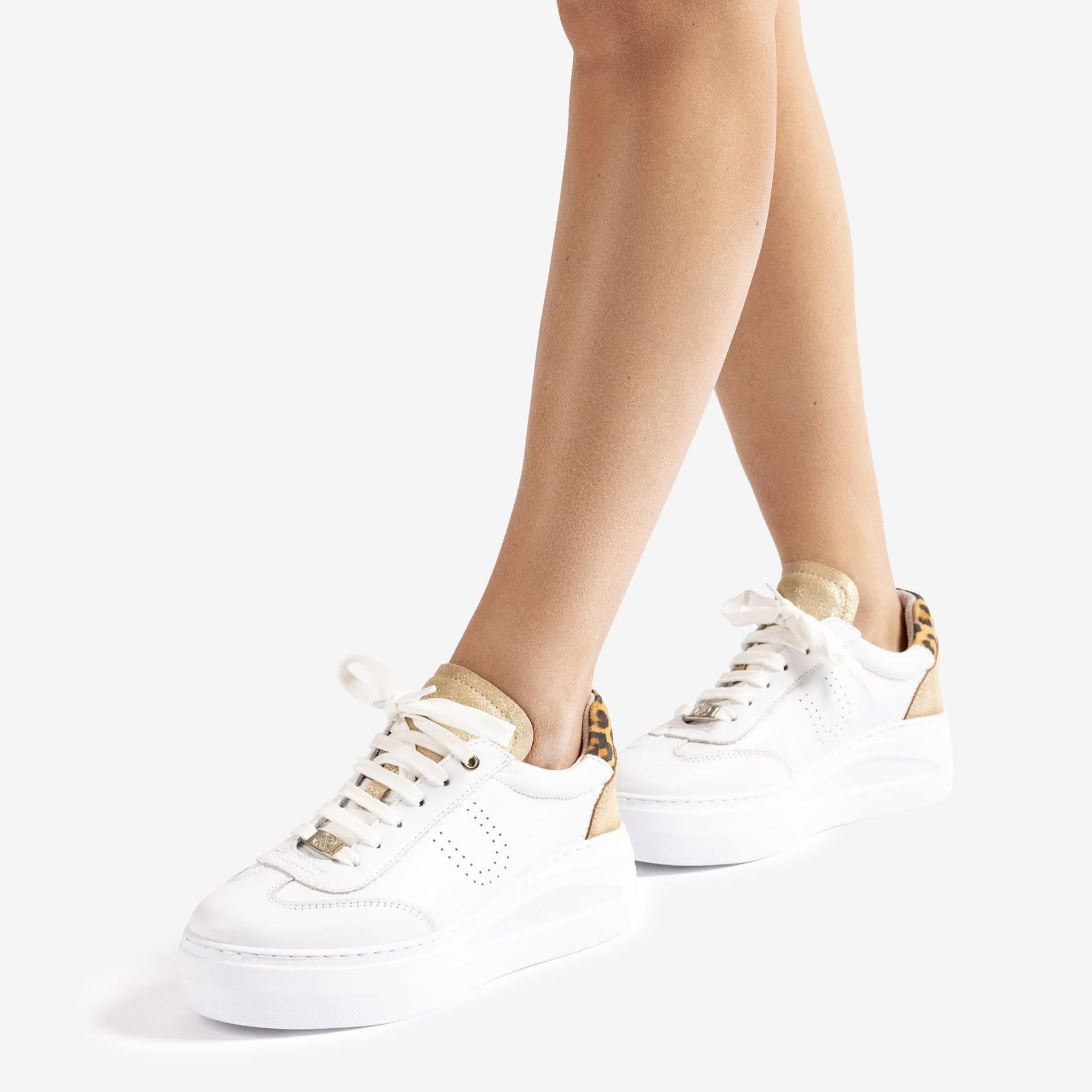 Unisa White Trainer with Leopard Heel & SuperLight Sole