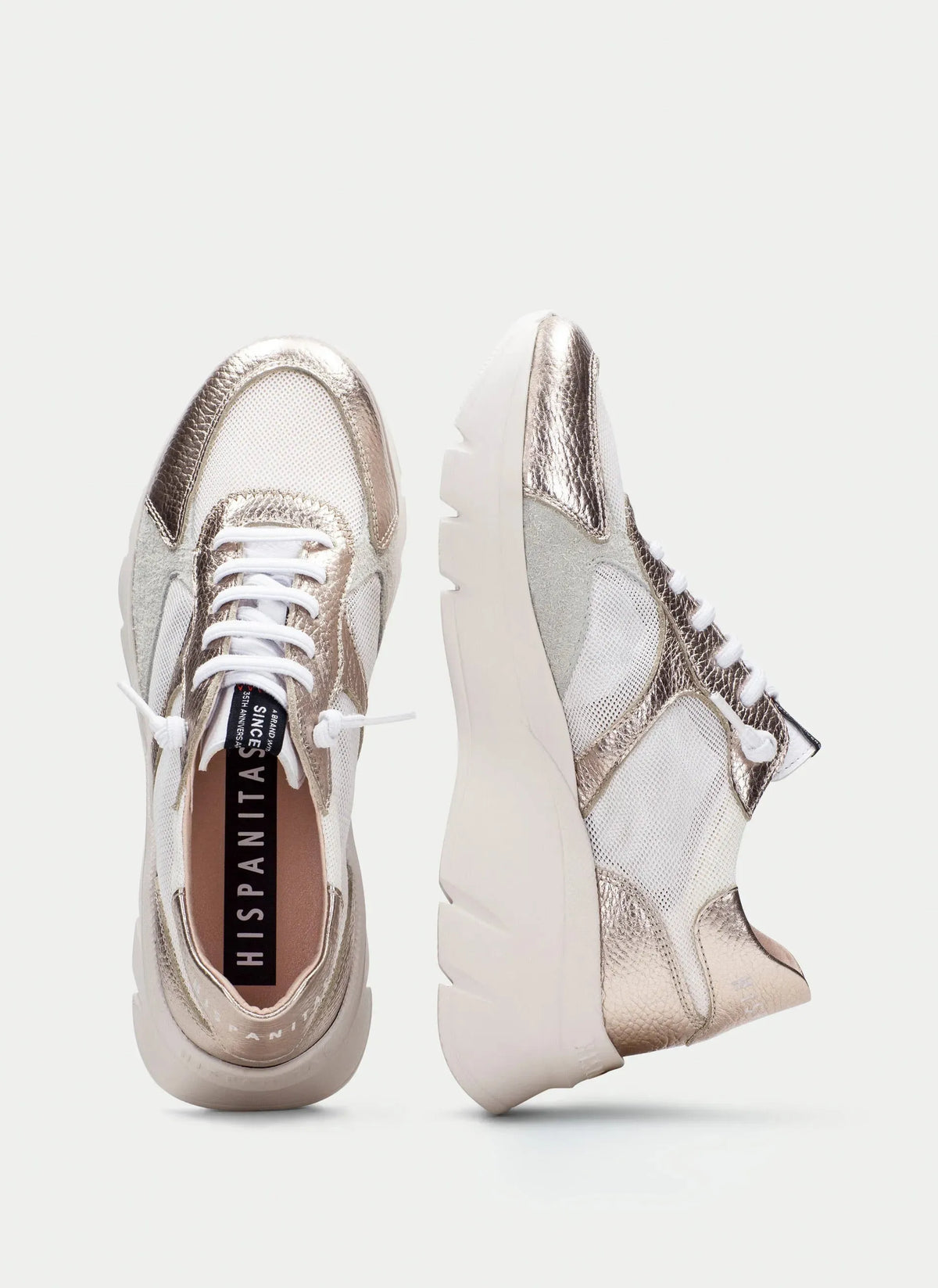 Hispanitas Gold & White Trainer – Modern Comfort with a Trendy Edge - Leavys Shoes