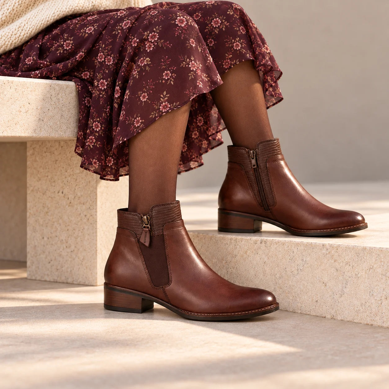 Dubarry Cierra Mahogany Leather Ankle Boots styled on a model