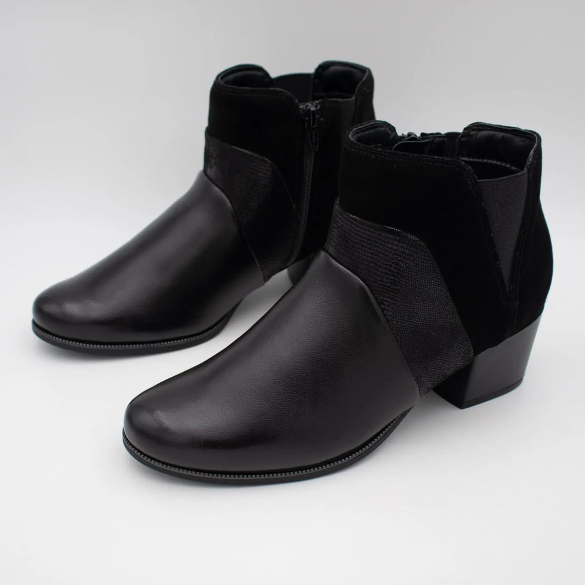Dubarry Cindy Black Leather Block Heel Ankle Boots - pair in three-quarter view