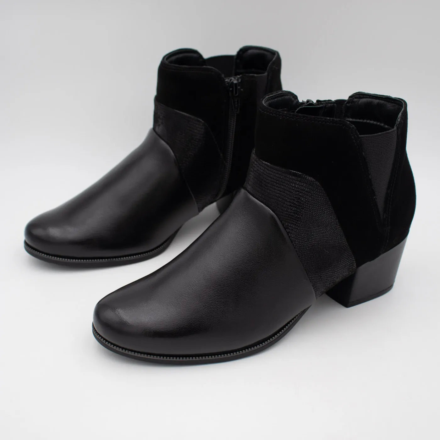 Dubarry Cindy Black Leather Block Heel Ankle Boots - pair in three-quarter view