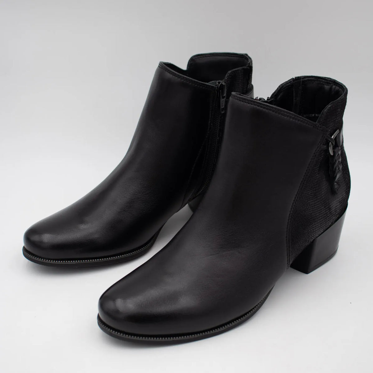 Dubarry Cynthia Black Leather Zip Ankle Boots - pair in three-quarter view