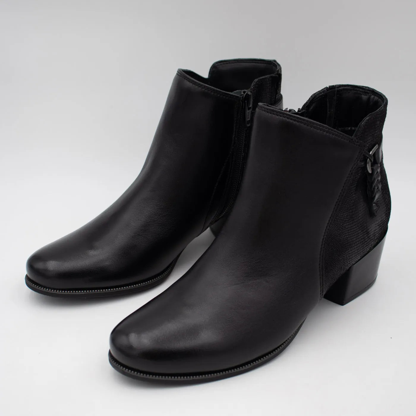 Dubarry Cynthia Black Leather Zip Ankle Boots - pair in three-quarter view