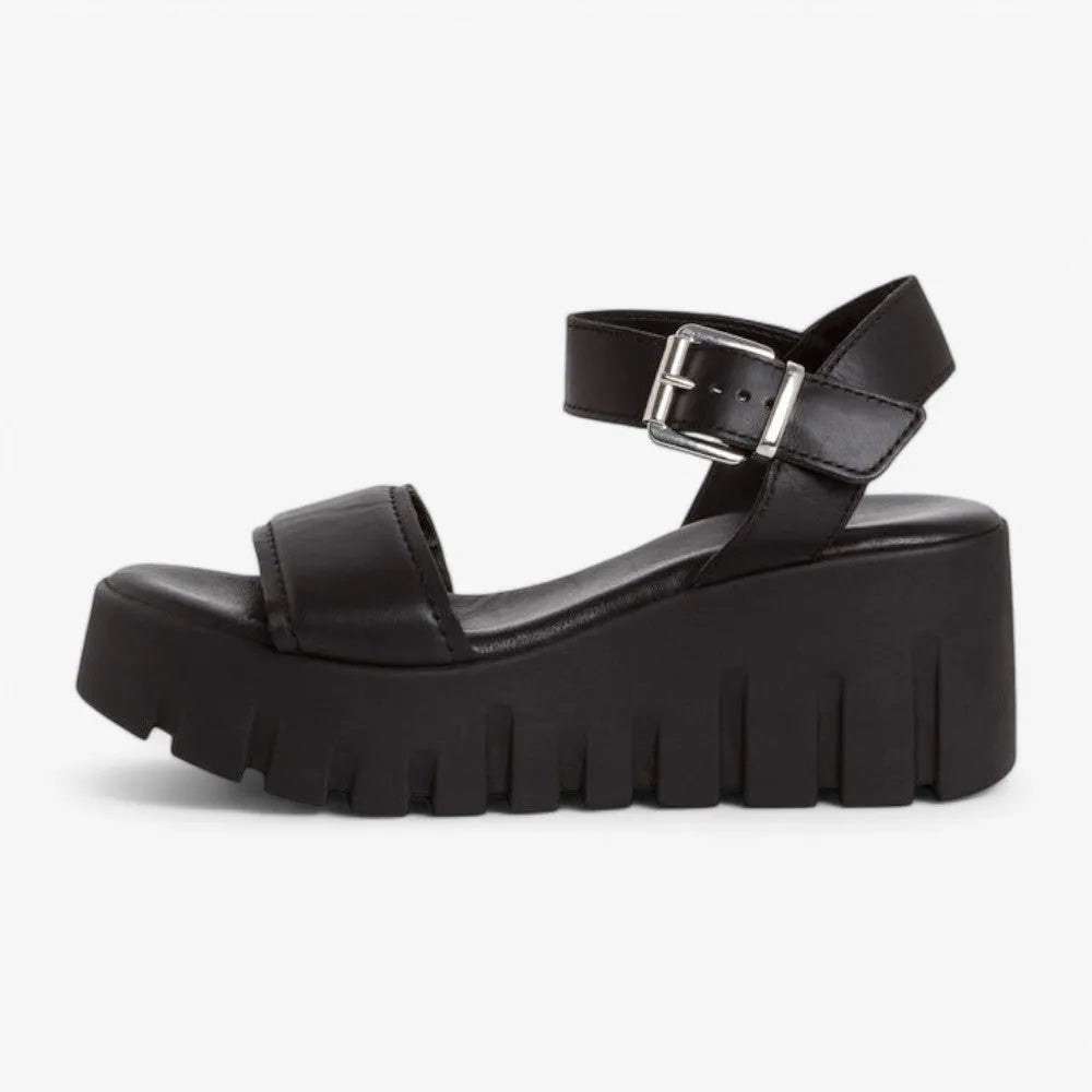 Tamaris Black Leather Wedge Sandal – Bold Elegance & All-Day Comfort