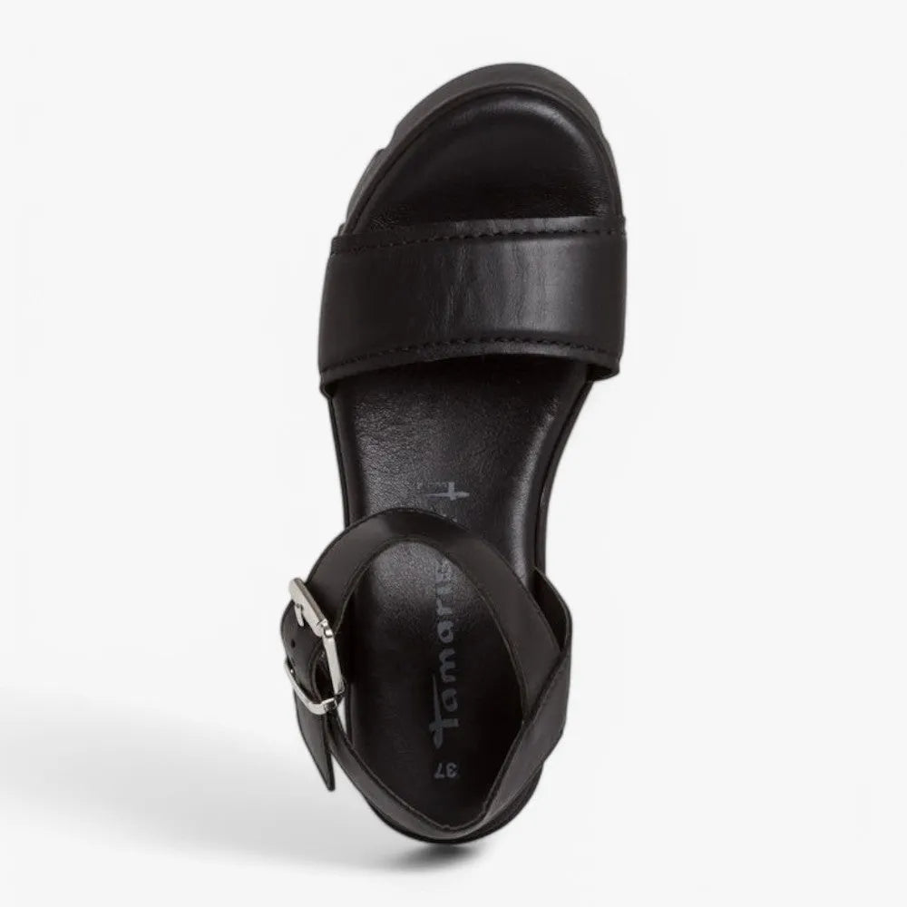 Tamaris Black Leather Wedge Sandal – Bold Elegance & All-Day Comfort