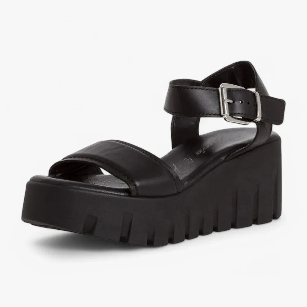 Tamaris Black Leather Wedge Sandal – Bold Elegance & All-Day Comfort
