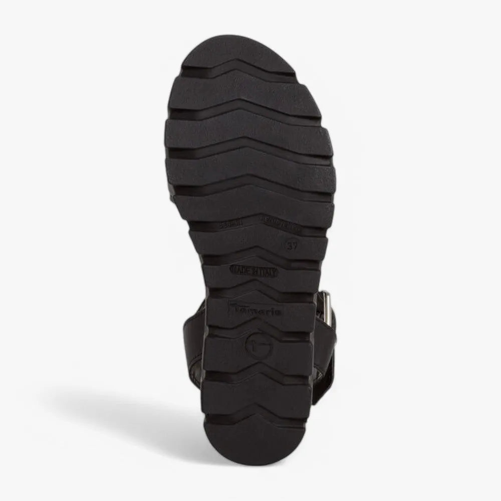 Tamaris Black Leather Wedge Sandal – Bold Elegance & All-Day Comfort