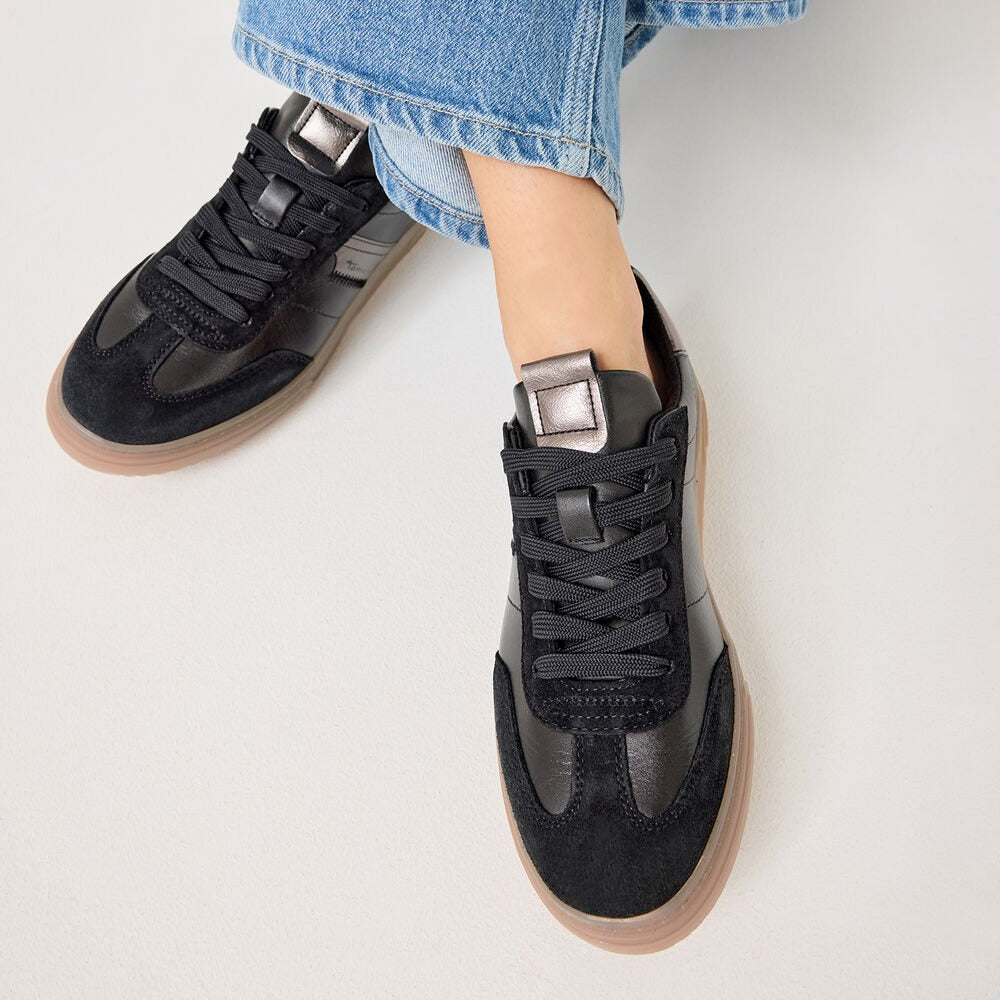 Tamaris Black Leather Lace-Up Sneaker with Bronze Accents - Leavys Shoes