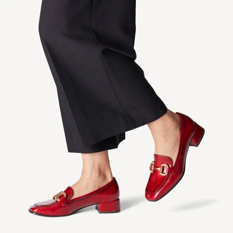 Tamaris Red Patent Loafer with Gold Horsebit Detail - Leavys Shoes