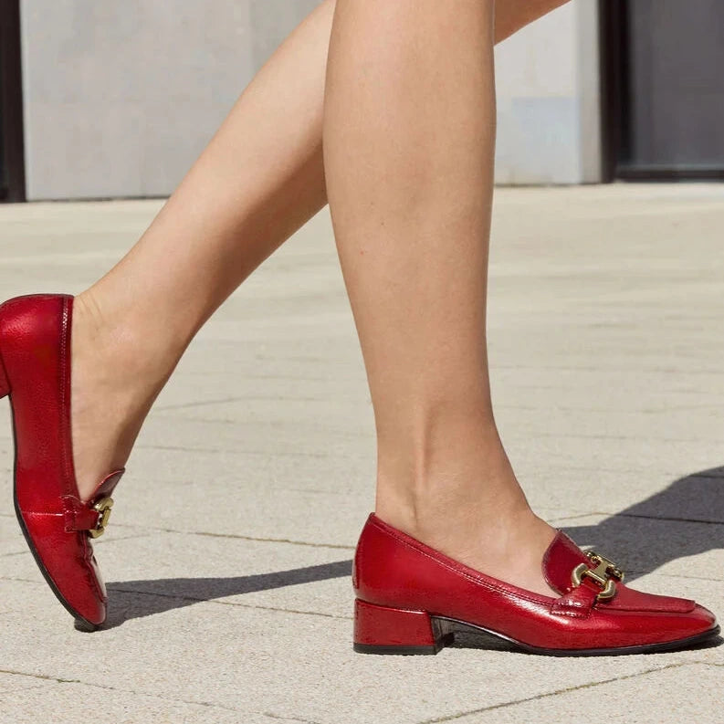 Tamaris Red Patent Loafer with Gold Horsebit Detail - Leavys Shoes