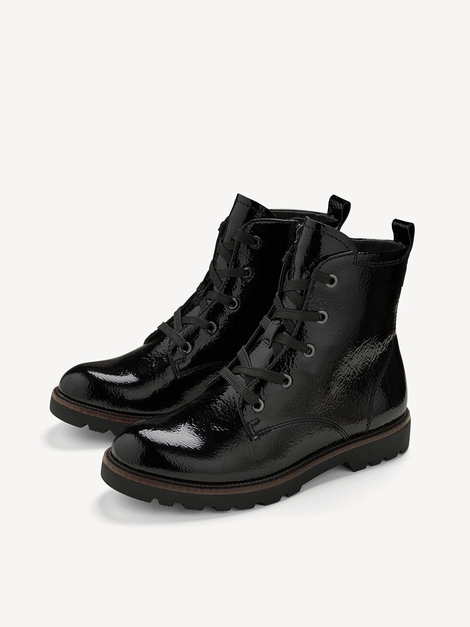 Tamaris Black Patent Ankle Boots with Chunky Sole and Side Zip