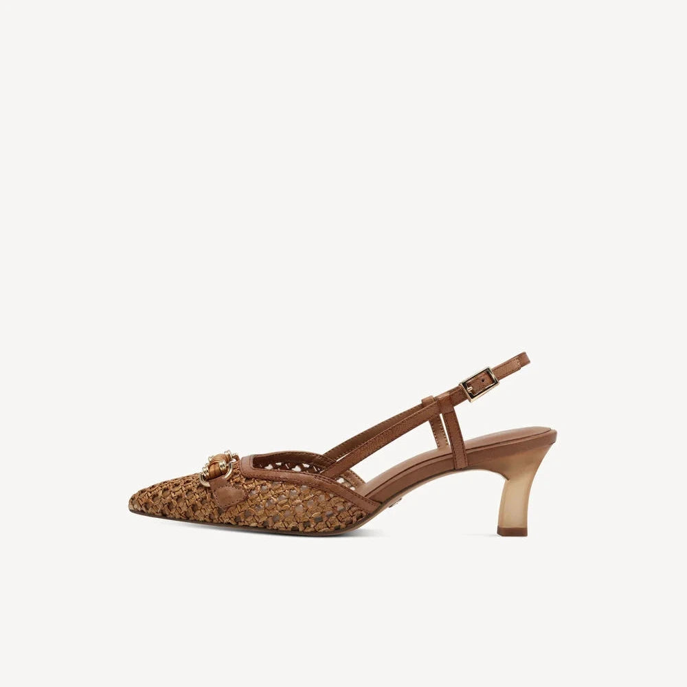 Brown sandal with a strap on a white background