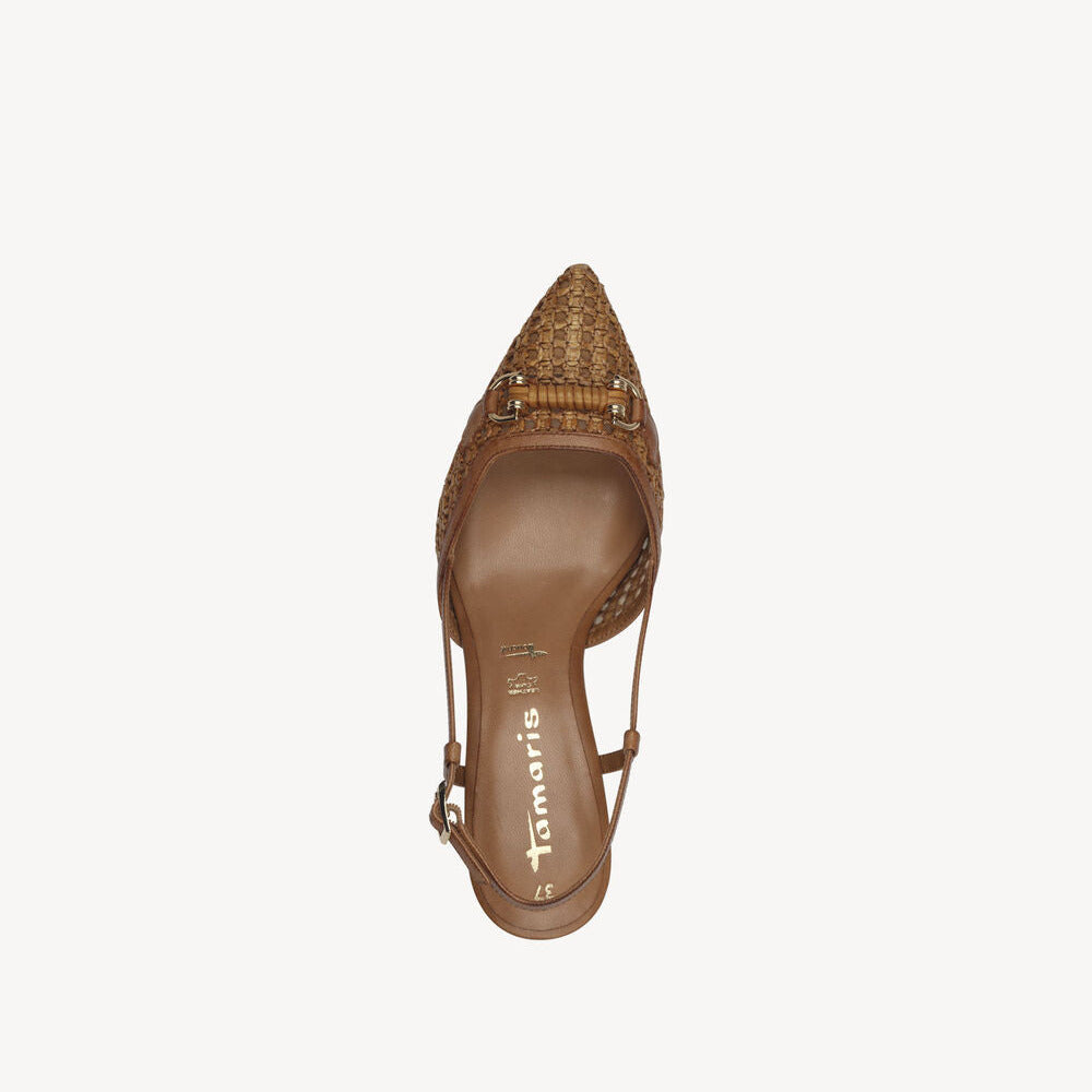 Brown pointed-toe shoe with woven design on a white background