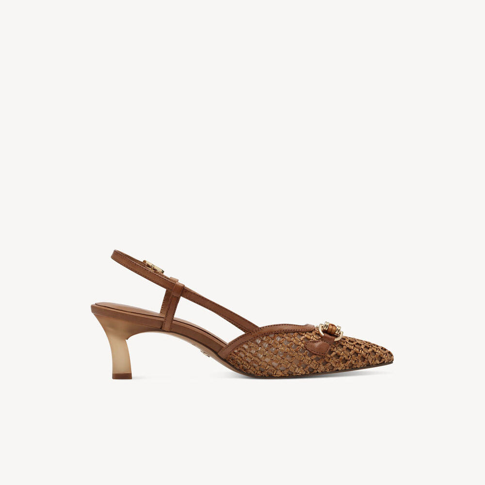 Brown heeled shoe with slingback design on a white background