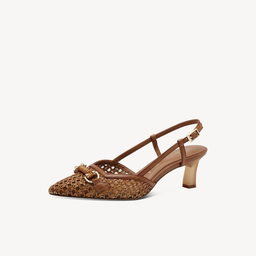 Brown woven sandal with a small heel on a white background