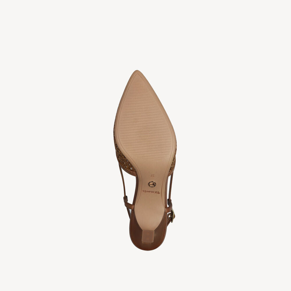 Beige high-heeled shoe on a white background
