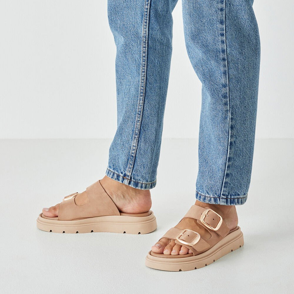Tamaris Taupe Nubuck Buckle Slides