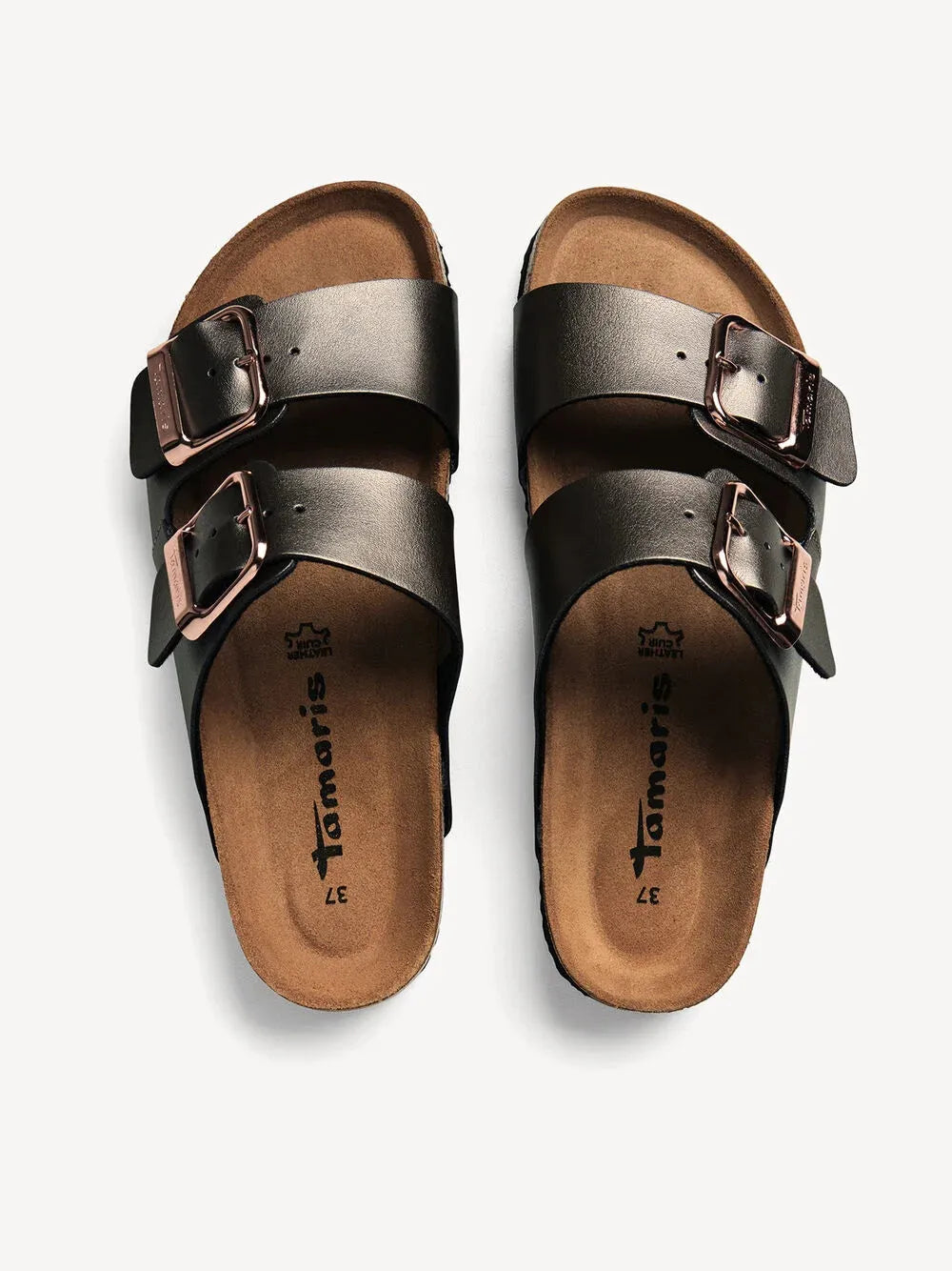 Tamaris Grey Double-Strap Sandal – Rose Gold Buckles & Cushioned Comfort