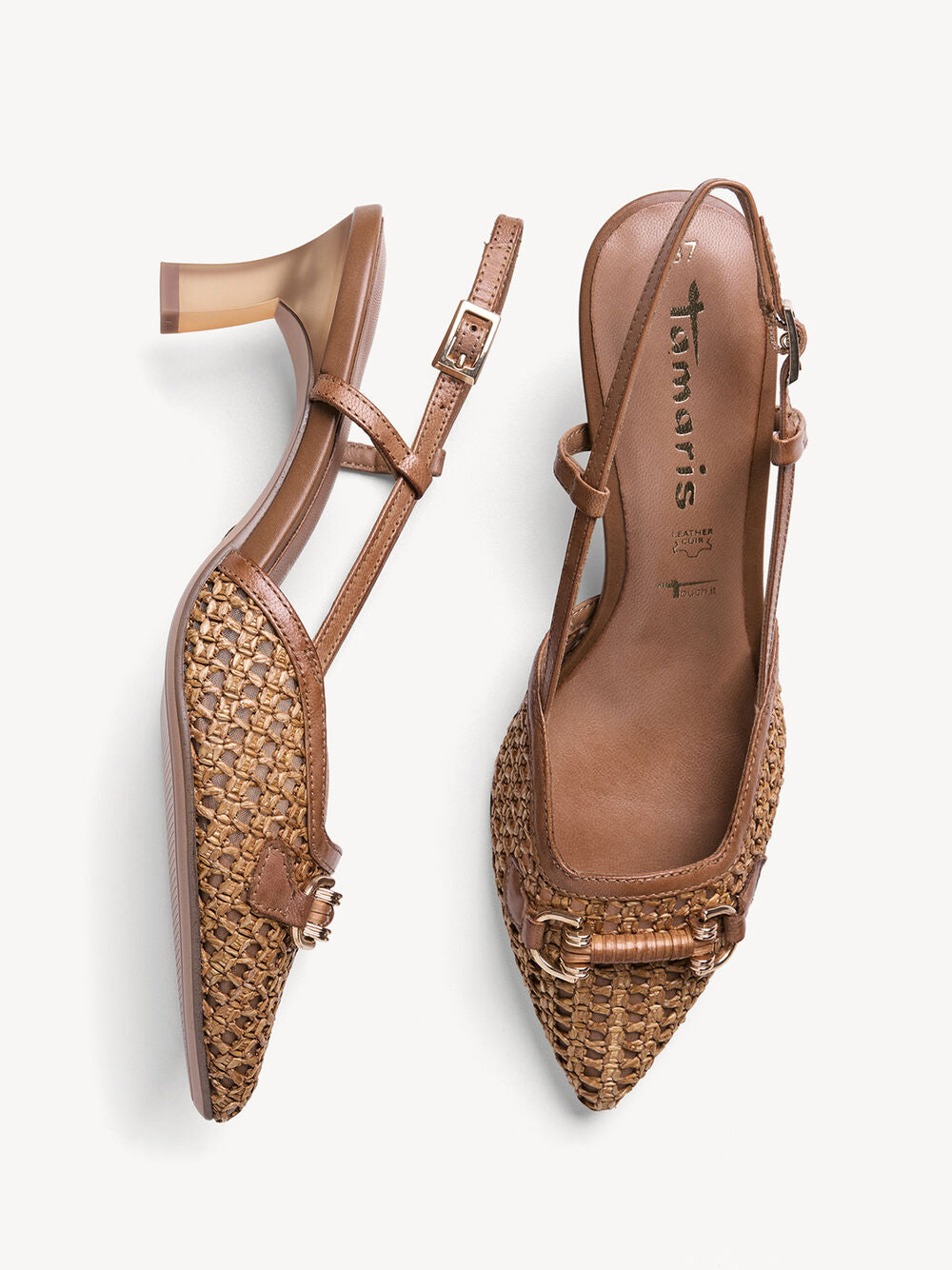 Brown pointed-toe shoes with woven details on a white background