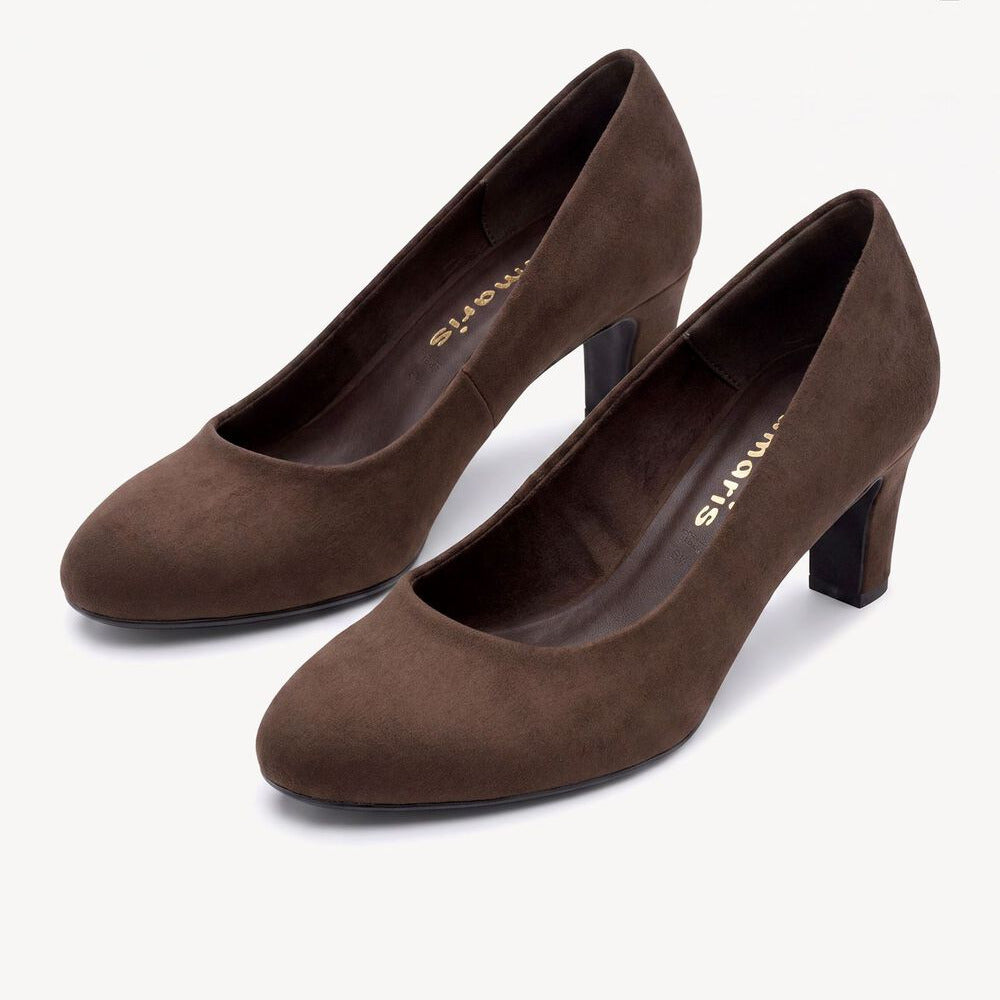 A pair of women's brown suede high-heeled pumps with block heels, displayed on a clean off-white background. The brand name 'SILVIA MORTIS' is printed in gold on the insoles.