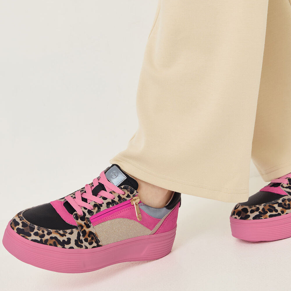 Tamaris Comfort Pink Multi Platform Trainer with Zip and Leopard Detail