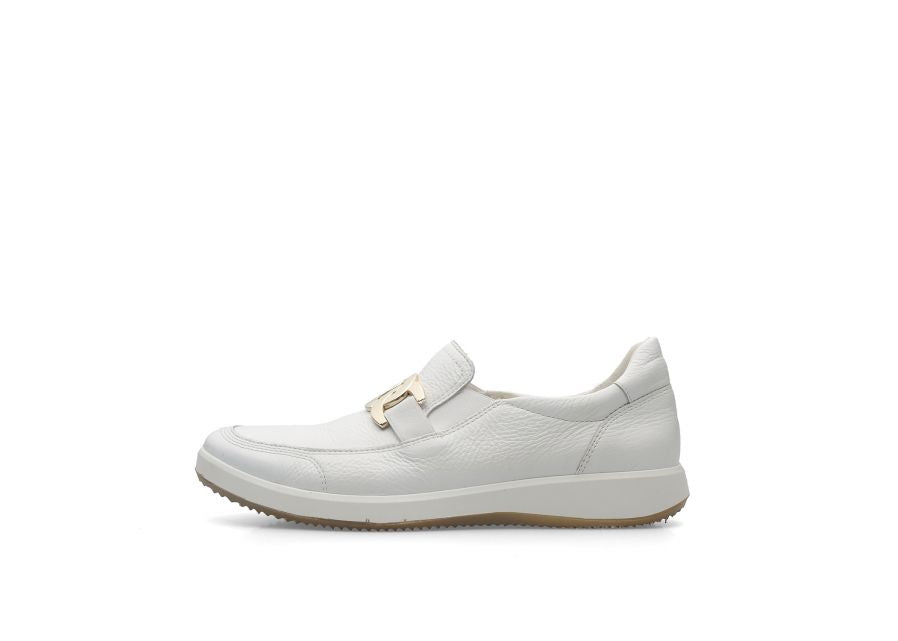     Front view of Ara white slip-on sneakers with extra comfort features.