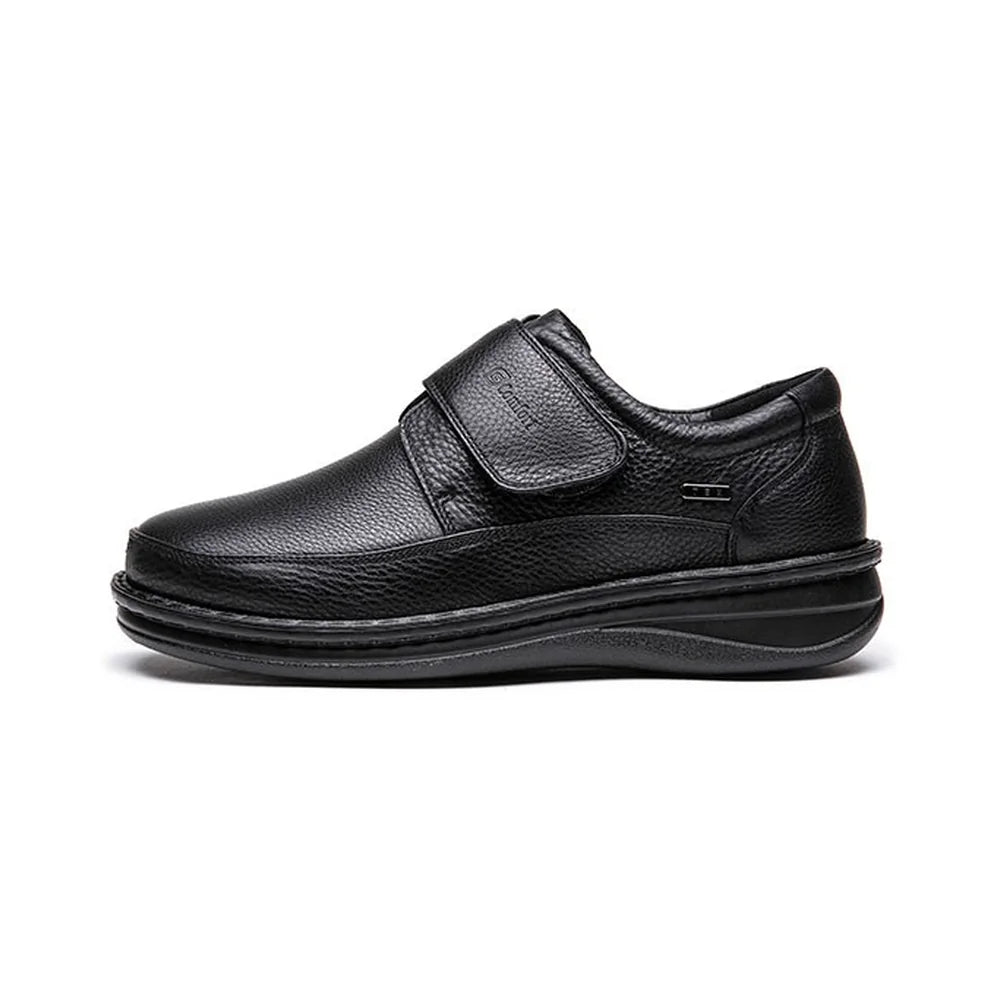 Side profile of the G-Comfort P-3708 men's black leather strap shoe and dark sole.