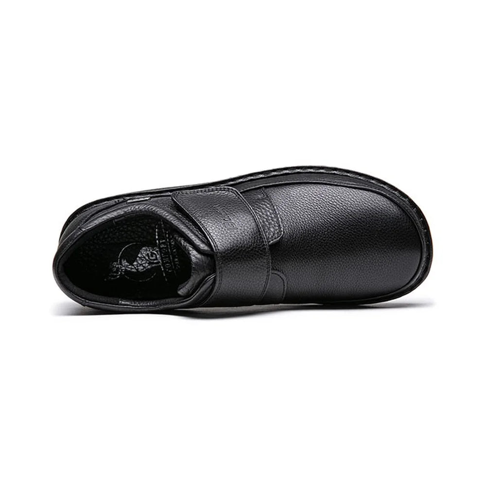 Top view of the G-Comfort P-3708 black shoe, showing the broad adjustable strap and rounded toe.