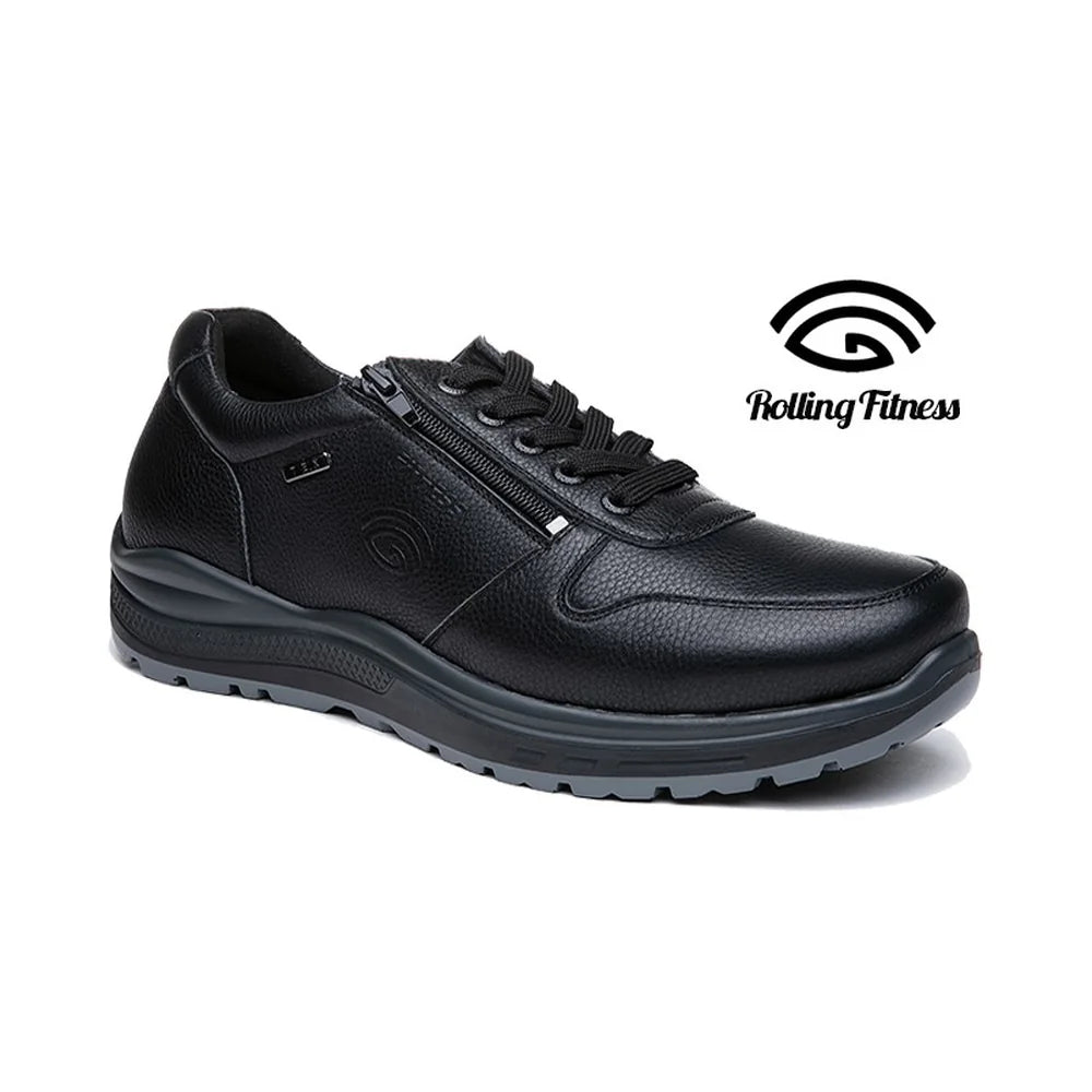 G-Comfort R-1282 men's black leather lace and zip trainer with grey sole detailing, shown at a three-quarter angle.