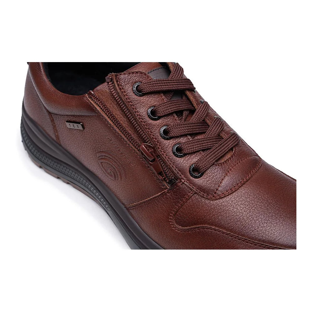 Close-up of the laces, side zip and grained cognac leather on the G-Comfort R-1282 trainer.