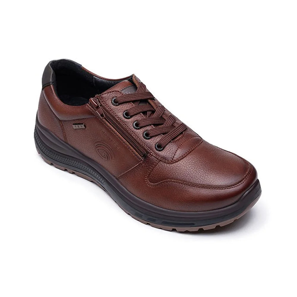G-Comfort R-1282 men's cognac leather lace and zip trainer shown at a three-quarter angle.