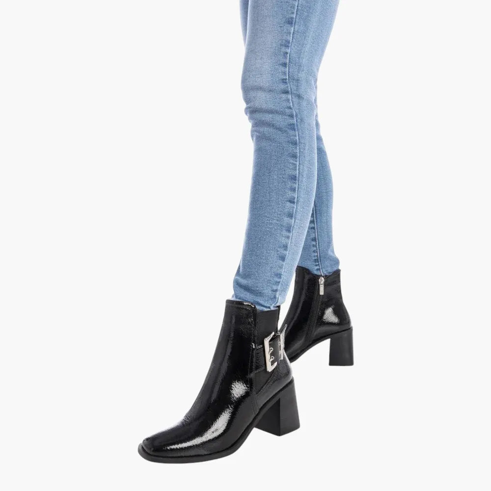 Xti Black Block Heel Ankle Boots with Buckle Detail - Leavys Shoes
